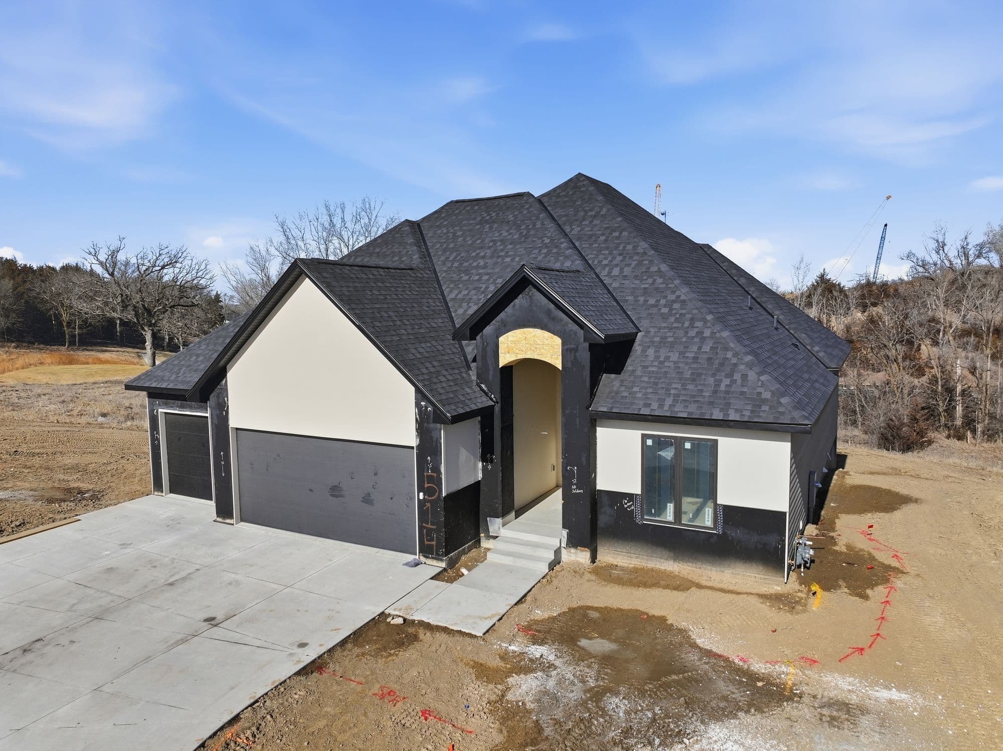 Exterior view of a two-story home showcasing a dark gray roof, light beige siding, and black accents. The home features an attached garage and a concrete driveway.