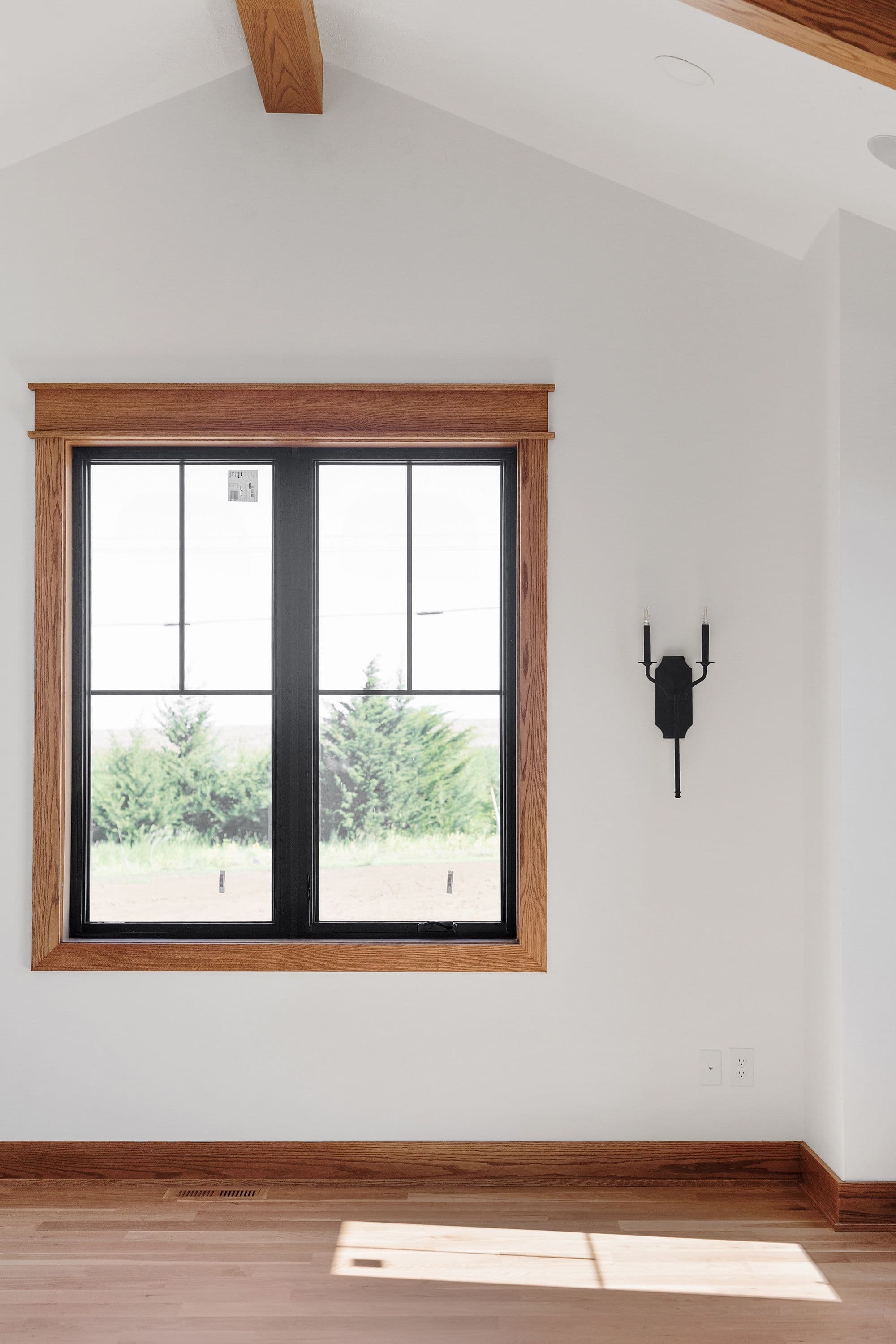 Bright room featuring a window with black frame and wood trim, a black sconce, and light wood flooring. The window offers a view of trees and the room has light-colored walls and trim.